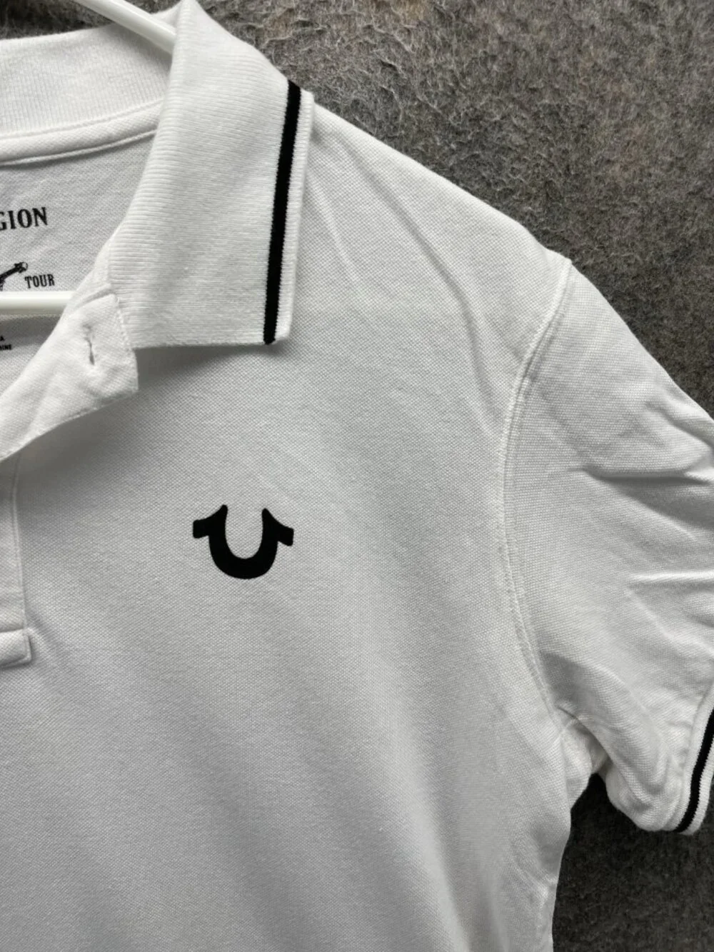 True Religion Polo Shirt Men Medium White Tipped Collar Logo Short Sleeve Casual